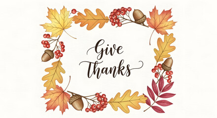 "Give Thanks" calligraphy surrounded by a decorative frame of autumn leaves, berries, and acorns in warm fall colors.