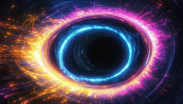 Vibrant abstract circular vortex with glowing blue center surrounded by radiant purple and orange light streaks conveying dynamic energy and motion - Powered by Adobe