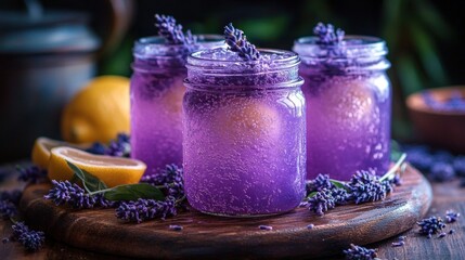 Three jars of sparkling purple lavender lemonade with lemon slices and lavender sprigs on a wooden board showcasing a refreshing and vibrant summer beverage