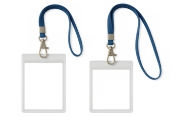Blank vertical plastic badge holders with blue fabric lanyards providing a mockup for identification and security purposes