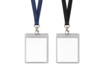Two blank badge holders with lanyards, blue and black, creating mockups for company identification