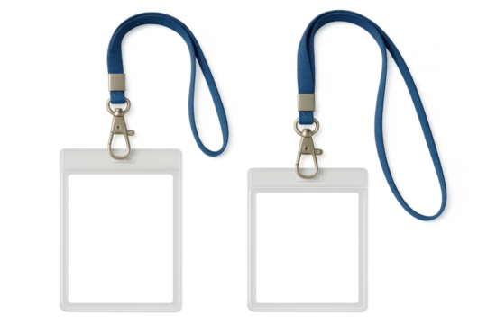 Blank vertical plastic badge holders with blue fabric lanyards providing a mockup for identification and security purposes