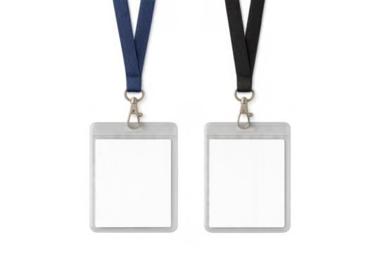 Two blank badge holders with lanyards, blue and black, creating mockups for company identification