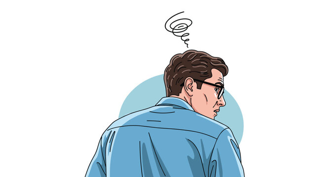 A man wearing glasses and a blue shirt looks back over his shoulder with a confused or perplexed expression, indicated by a swirl above his head.