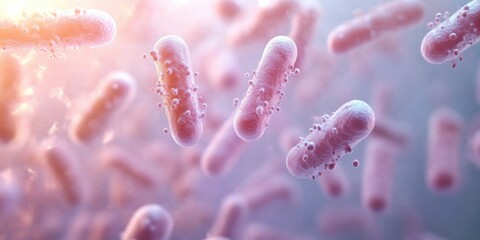 Close-up view of rod-shaped bacteria with spherical viral particles attached in a soft pink and purple microscopic environment