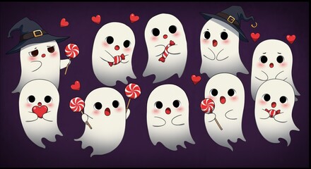 Obraz premium Spooky Sweethearts: An adorable group of cartoon ghosts, each with unique expressions, holding candy hearts, exuding cuteness and Halloween cheer.