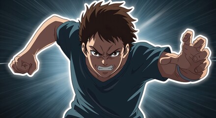 Energetic Determination: An illustration of a determined male figure lunging forward with a burst of power, embodying intense focus and driven purpose.