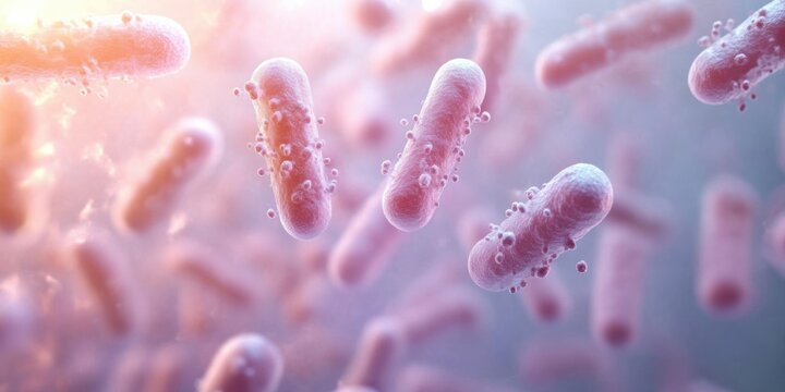 Close-up view of rod-shaped bacteria with spherical viral particles attached in a soft pink and purple microscopic environment