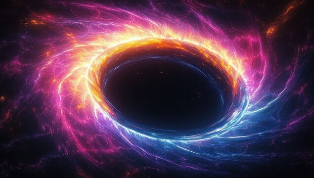 A vibrant cosmic black hole surrounded by swirling fiery orange, purple, and blue energy and light waves creating a dynamic glowing vortex