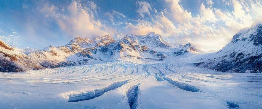 Expansive frozen glacier with deep crevices stretching toward snow-covered rugged mountains under a bright sky with scattered clouds