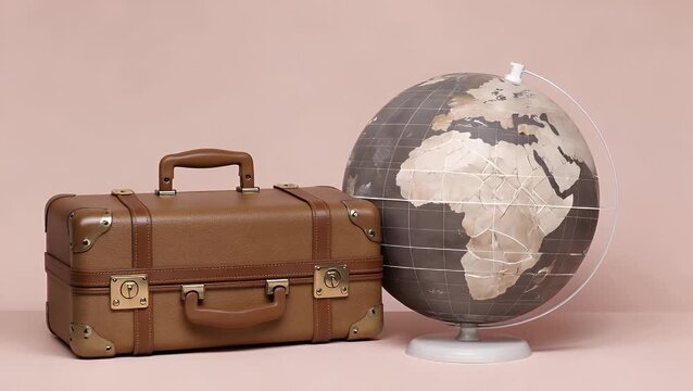 Minimalist Conceptual Illustration Featuring a Suitcase and a Terrestrial Globe Positioned on a Soft Pastel Lilac Colored Backdrop Symbolizing Summer Vacation
