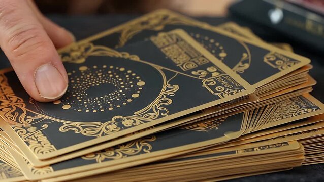 Several  rectangular prepaid stored-value cards colored in black and gold hues  arranged horizontally with a transparent