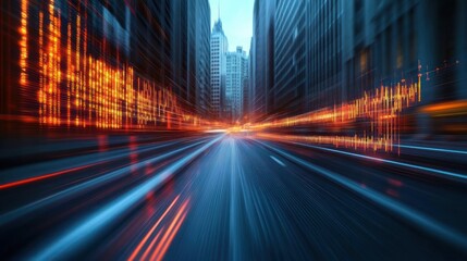 Dynamic city street with tall buildings and vibrant orange digital stock market graphs moving rapidly through the scene conveying speed and financial data flow