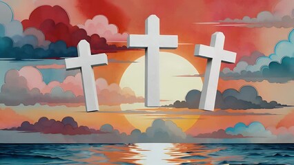 decorative backdrop for a religious observance featuring three pale-colored symbolic structures against a painted sky at dawn in shades of crimson  amber  and