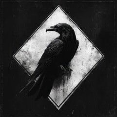 Fototapeta premium Black raven perched against a textured diamond-shaped white background with a dark grunge border, conveying mystery and solitude