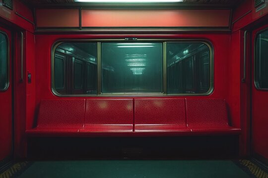 Empty red subway train interior with reflective windows and a dark moody atmosphere
