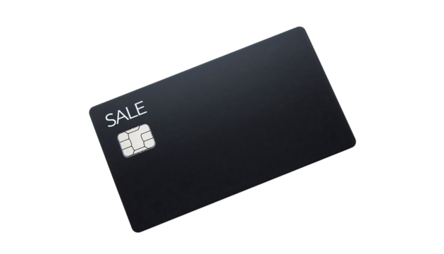 A black credit card with the word sale and a chip on it, presented against a white background, isolated cutout