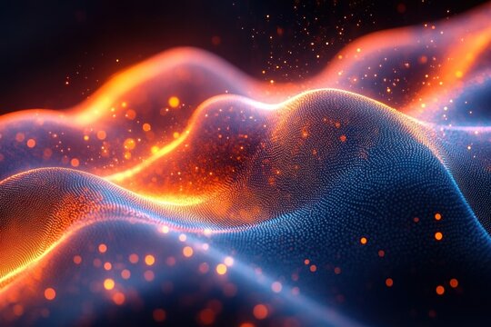 Abstract glowing digital wave landscape with bright orange and blue particles flowing over smooth curved surfaces creating a sense of motion and energy