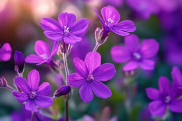 Close-up of vibrant purple flowers blooming with delicate petals and soft natural light in a garden setting