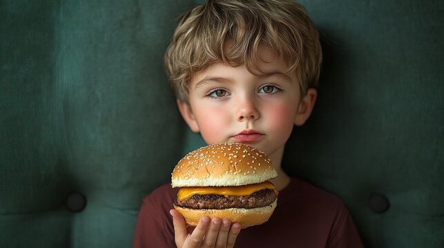 young boy with light brown hair and green eyes holding a cheeseburger with sesame seed bun against dark green cushioned background