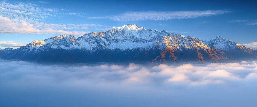 Snow-capped mountain range bathed in golden sunlight above a thick layer of white clouds under a clear blue sky with wispy clouds