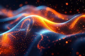 Abstract digital waves glowing with vibrant orange and blue particles creating a dynamic, fluid, and futuristic landscape with light sparks floating around