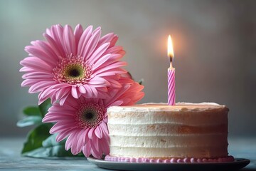 A small round white frosted cake with pink trim and a single lit pink striped candle beside two pink gerbera daisies with green leaves on a gray surface