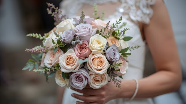 Elegant bridal bouquet held by a bride in white wedding dress, featuring soft pastel roses, eucalyptus, and delicate flowers, symbolizing romance, love, and celebration on a wedding day