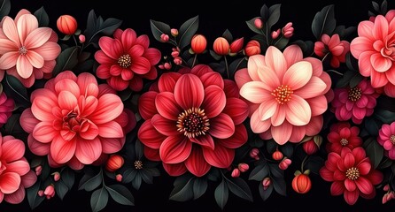 Close-up view of vibrant red and pink flowers with dark green leaves against a black background evoking elegance and tranquility