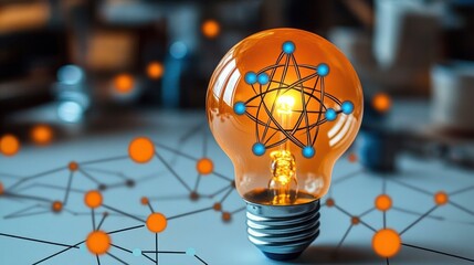 Glowing light bulb with atom structure inside surrounded by interconnected nodes symbolizing atomic energy and scientific innovation on blurred background