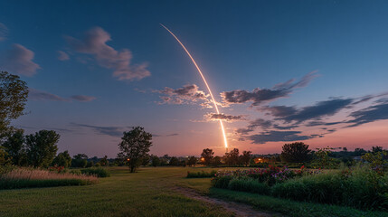 A rocket streaking across a dusk sky, leaving a glowing trail that symbolizes ambition, aspiration, and the pursuit of dreams. The warm tones of sunset blend with the luminous trail, evoking a sense o