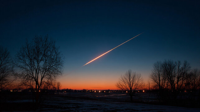 A rocket streaking across a dusk sky, leaving a glowing trail that symbolizes ambition, aspiration, and the pursuit of dreams. The warm tones of sunset blend with the luminous trail, evoking a sense o - Powered by Adobe
