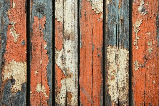 close-up of vertical wooden planks with peeling orange, white, and blue paint revealing weathered texture and knots - Powered by Adobe