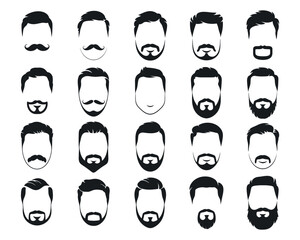 Set of Male Haircuts and Facial Hair Styles. Black Silhouette Vector Icons Featuring Beards and Mustaches for Barbershop Branding, Grooming, Fashion, and Men&rsquo;s Style Design