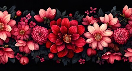 Vibrant seamless horizontal arrangement of richly detailed red and pink flowers with dark green foliage on black background conveying elegance and beauty