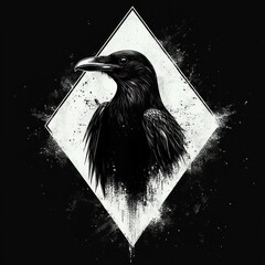 Fototapeta premium Monochrome detailed illustration of a raven against a textured diamond-shaped background evoking mystery and intensity