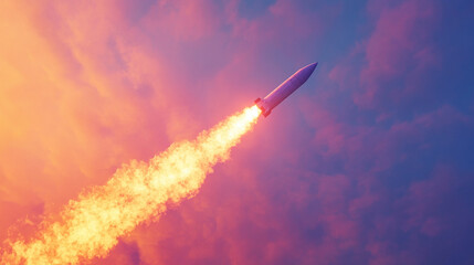 A rocket streaking across a dusk sky, leaving a glowing trail that symbolizes ambition, aspiration, and the pursuit of dreams. The warm tones of sunset blend with the luminous trail, evoking a sense o