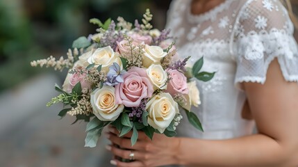 Elegant bridal bouquet held by a bride in white wedding dress, featuring soft pastel roses, eucalyptus, and delicate flowers, symbolizing romance, love, and celebration on a wedding day