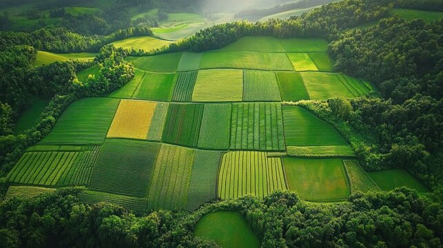 Aerial view of patchwork farmland with lush green fields and forests surrounding the cultivated plots under soft sunlight - Powered by Adobe