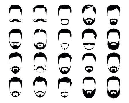 Comprehensive collection of diverse men's facial hair styles, featuring a wide array of beard and mustache designs ideal for barbershop branding, grooming guides, or fashion concept illustrations