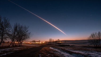 A rocket streaking across a dusk sky, leaving a glowing trail that symbolizes ambition, aspiration, and the pursuit of dreams. The warm tones of sunset blend with the luminous trail, evoking a sense o