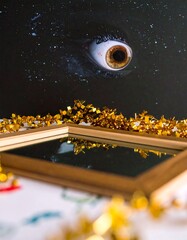 Cosmic eye watches over a gold-framed mirror