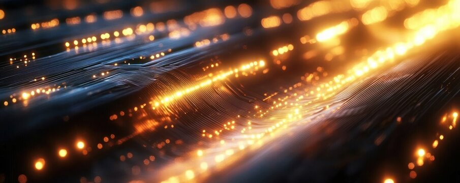 Abstract close-up of illuminated fiber optic cables with glowing orange and yellow light particles creating a dynamic and futuristic effect
