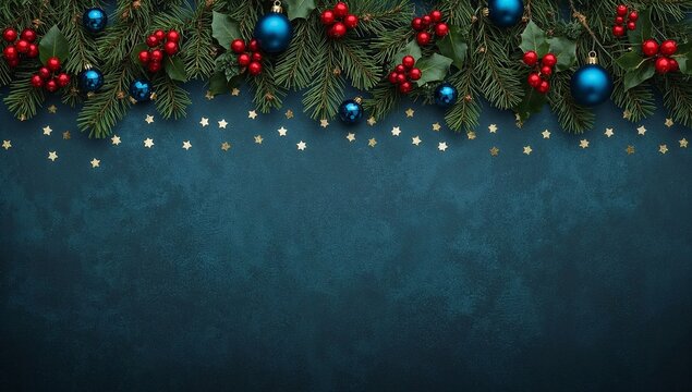 Elegant holiday flat lay background featuring lush evergreen branches, vibrant blue ornaments, and sparkling red berries, perfect for festive seasonal greetings and winter celebrations