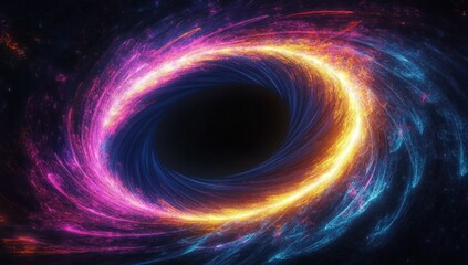 Vibrant glowing swirling vortex with bright blue, purple, and yellow colors resembling a cosmic black hole in deep space