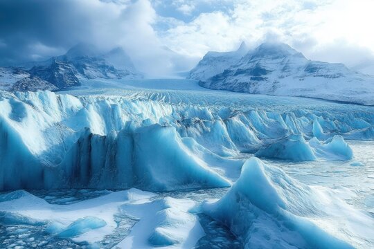 Expansive icy glacier with jagged blue ice formations under cloudy sky and snow-covered mountain peaks in the background - Powered by Adobe