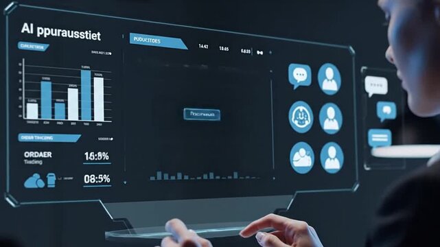 Woman Interacting With Futuristic Procurement Interface On Screen