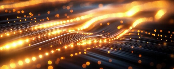 Glowing golden light trails flowing in smooth waves over a dark surface creating a digital and futuristic dynamic effect