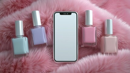 Mockup of Smartphone with pastel nail polish bottles on pink fur