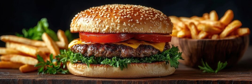 Delicious cheeseburger with sesame seed bun, fresh lettuce, tomato slices, and melted cheese served with crispy golden fries in a bowl and scattered fries in the background